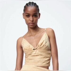 Zara Pinstripe Crop Top V Neck Keyhole Cutout Ruched Smocked Back Size S